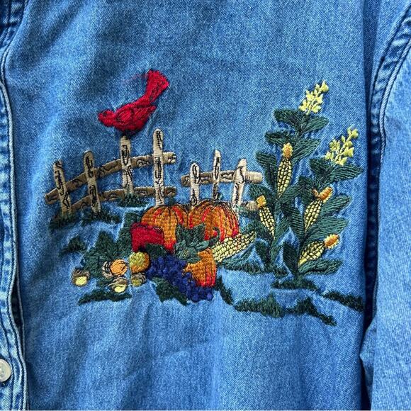 Vintage 90s fall harvest Halloween long sleeve denim chambray button up shirt - Picture 3 of 8